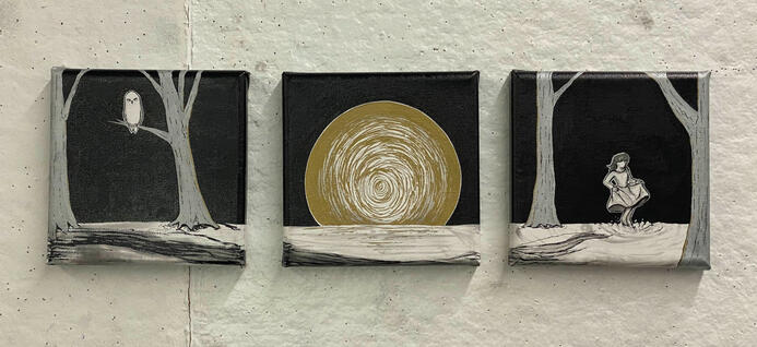 Reflection and The Calm, markers and pan pastel on canvas, 6 x 6 in. canvases