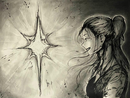 Next Chapter, ink and dry mixed media on paper, 24 x 18 in.